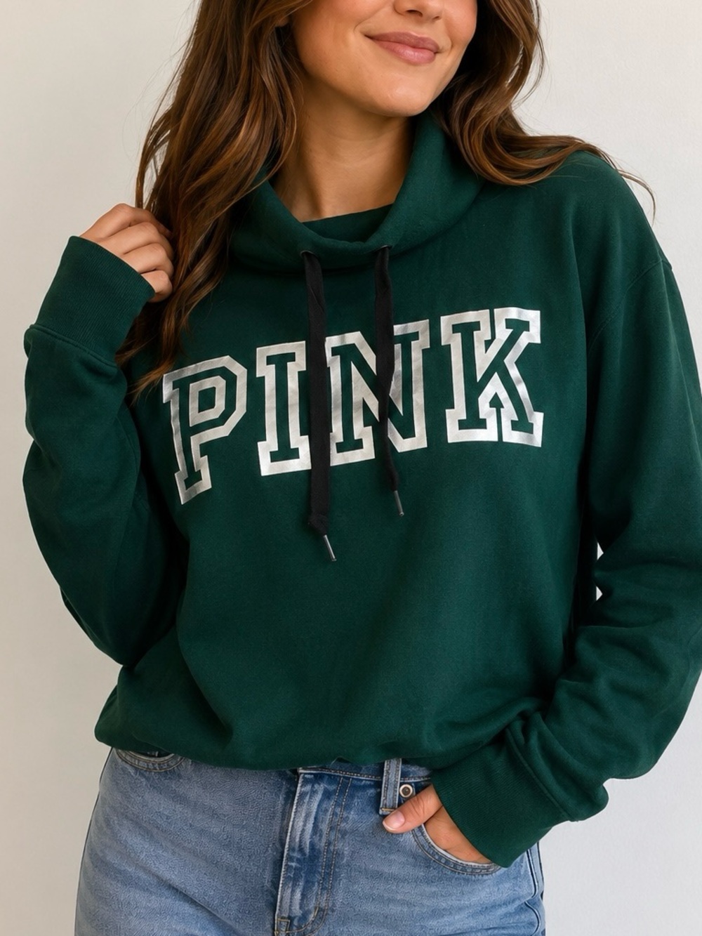 NWT  PINK Victoria’s Secret Cowl Neck Sweatshirt Women’s XS Emerald Green Silver
